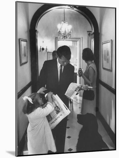 US Attorney General Bobby Kennedy Browsing Copy of the NY Times with daughter and Wife-George Silk-Mounted Photographic Print