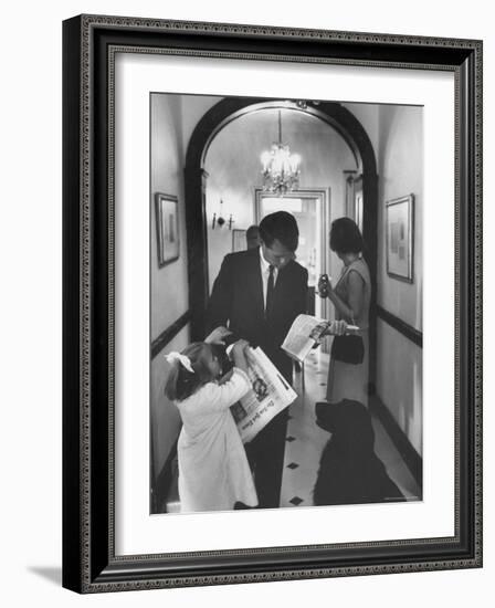 US Attorney General Bobby Kennedy Browsing Copy of the NY Times with daughter and Wife-George Silk-Framed Photographic Print