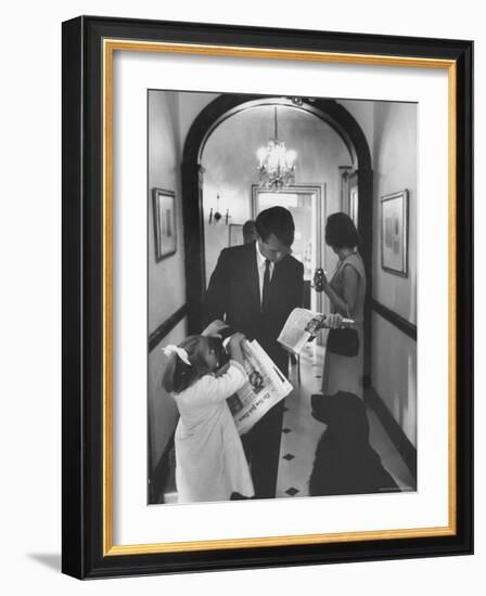 US Attorney General Bobby Kennedy Browsing Copy of the NY Times with daughter and Wife-George Silk-Framed Photographic Print