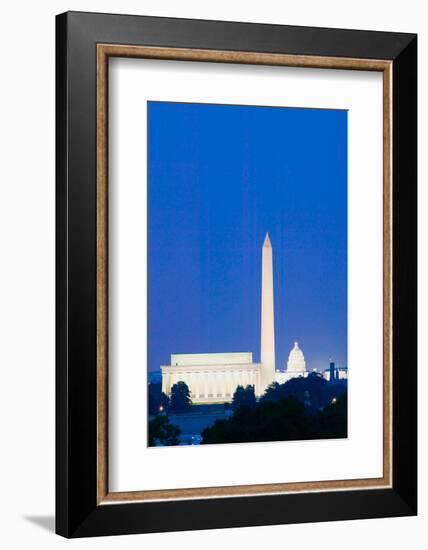 US Capitol, Washington Monument and Lincoln Memorial in Washington D.C. at dusk with blue sky-null-Framed Photographic Print