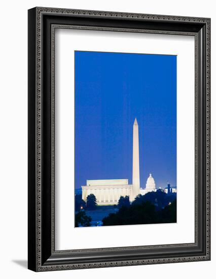 US Capitol, Washington Monument and Lincoln Memorial in Washington D.C. at dusk with blue sky-null-Framed Photographic Print