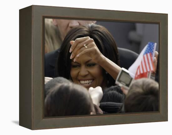 US First Lady Michelle Obama Greets the Crowd after Her Husband's Speech in Prague, Czech Republic-null-Framed Premier Image Canvas