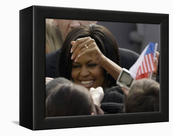 US First Lady Michelle Obama Greets the Crowd after Her Husband's Speech in Prague, Czech Republic-null-Framed Premier Image Canvas