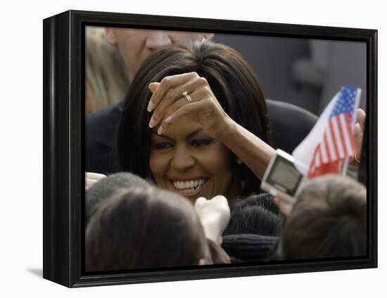 US First Lady Michelle Obama Greets the Crowd after Her Husband's Speech in Prague, Czech Republic-null-Framed Premier Image Canvas