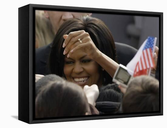 US First Lady Michelle Obama Greets the Crowd after Her Husband's Speech in Prague, Czech Republic-null-Framed Premier Image Canvas