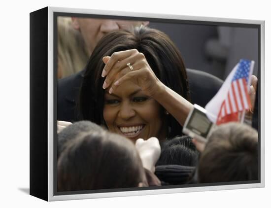 US First Lady Michelle Obama Greets the Crowd after Her Husband's Speech in Prague, Czech Republic-null-Framed Premier Image Canvas