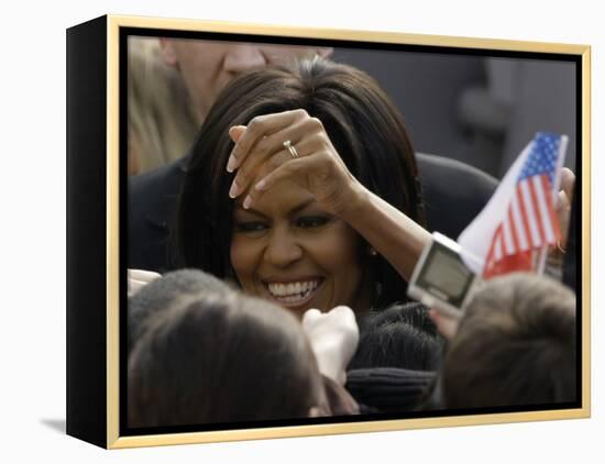 US First Lady Michelle Obama Greets the Crowd after Her Husband's Speech in Prague, Czech Republic-null-Framed Premier Image Canvas