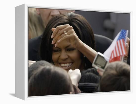 US First Lady Michelle Obama Greets the Crowd after Her Husband's Speech in Prague, Czech Republic-null-Framed Premier Image Canvas