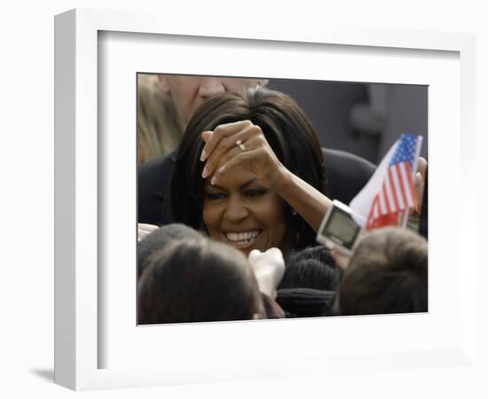 US First Lady Michelle Obama Greets the Crowd after Her Husband's Speech in Prague, Czech Republic-null-Framed Photographic Print