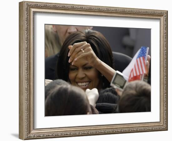 US First Lady Michelle Obama Greets the Crowd after Her Husband's Speech in Prague, Czech Republic-null-Framed Photographic Print