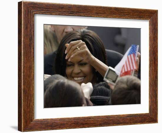 US First Lady Michelle Obama Greets the Crowd after Her Husband's Speech in Prague, Czech Republic-null-Framed Photographic Print