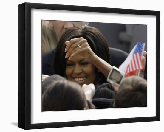 US First Lady Michelle Obama Greets the Crowd after Her Husband's Speech in Prague, Czech Republic-null-Framed Photographic Print