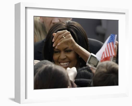 US First Lady Michelle Obama Greets the Crowd after Her Husband's Speech in Prague, Czech Republic-null-Framed Photographic Print