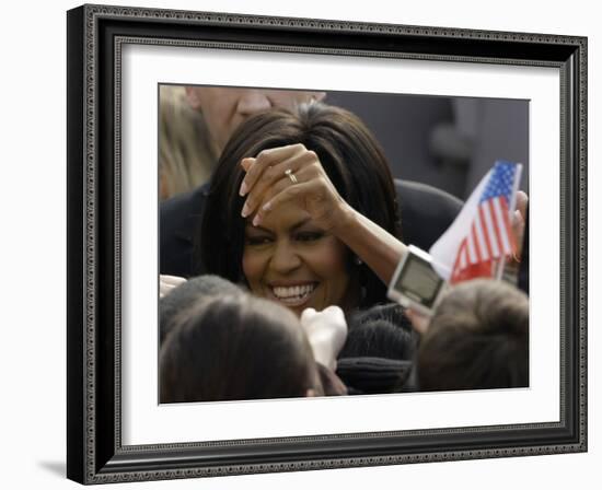 US First Lady Michelle Obama Greets the Crowd after Her Husband's Speech in Prague, Czech Republic-null-Framed Photographic Print