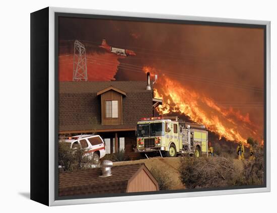 US Forest Service Air Tanker Drops Fire Retardant as the Fire Burns in the Hills Above a Home-null-Framed Premier Image Canvas