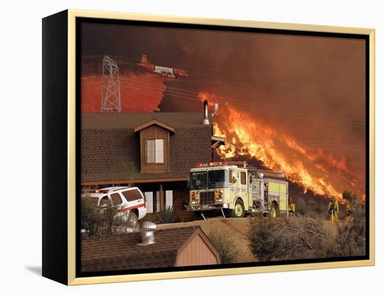 US Forest Service Air Tanker Drops Fire Retardant as the Fire Burns in the Hills Above a Home-null-Framed Premier Image Canvas