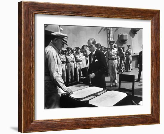 US General Sutherland Checks Official Surrender Documents, USS Missouri-Carl Mydans-Framed Photographic Print