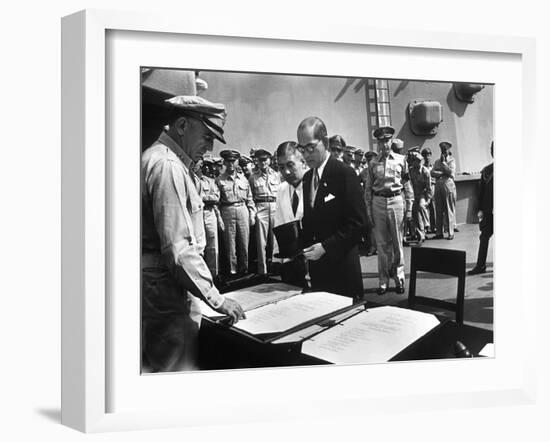 US General Sutherland Checks Official Surrender Documents, USS Missouri-Carl Mydans-Framed Photographic Print