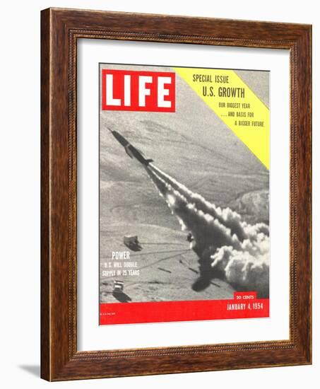 US Growth, Jet Flying with Trail of Smoke, January 4, 1954-Hank Walker-Framed Photographic Print