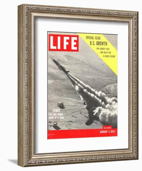 US Growth, Jet Flying with Trail of Smoke, January 4, 1954-Hank Walker-Framed Photographic Print