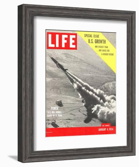 US Growth, Jet Flying with Trail of Smoke, January 4, 1954-Hank Walker-Framed Photographic Print