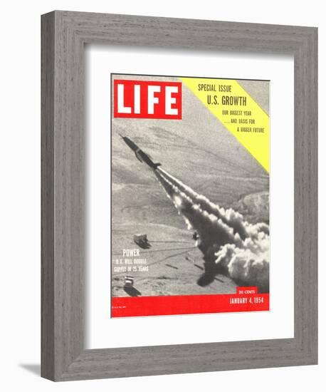 US Growth, Jet Flying with Trail of Smoke, January 4, 1954-Hank Walker-Framed Photographic Print