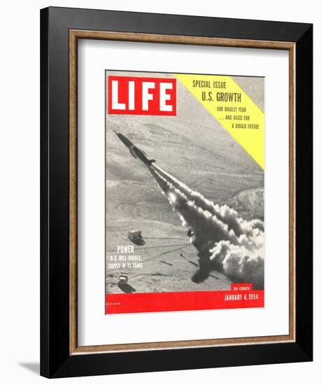 US Growth, Jet Flying with Trail of Smoke, January 4, 1954-Hank Walker-Framed Photographic Print