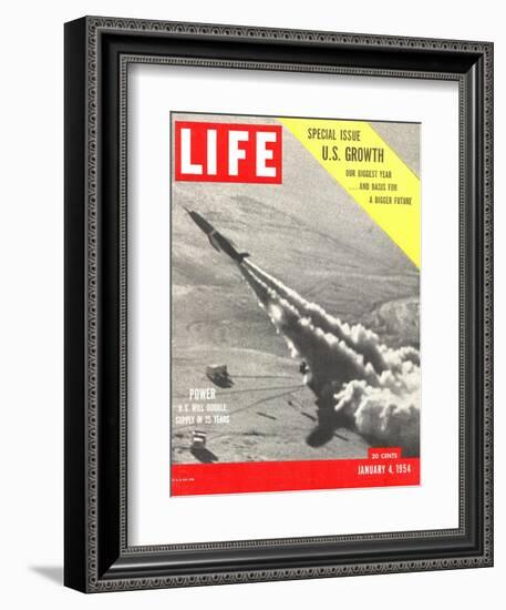 US Growth, Jet Flying with Trail of Smoke, January 4, 1954-Hank Walker-Framed Photographic Print