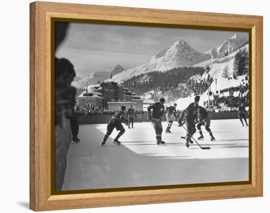 US Hockey Team Playing the Swiss at the Winter Olympics-null-Framed Premier Image Canvas