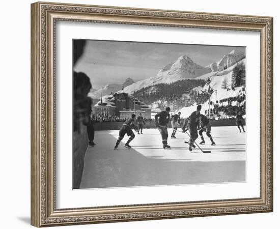 US Hockey Team Playing the Swiss at the Winter Olympics-null-Framed Photographic Print