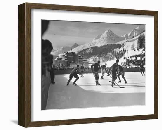 US Hockey Team Playing the Swiss at the Winter Olympics-null-Framed Photographic Print