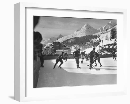 US Hockey Team Playing the Swiss at the Winter Olympics-null-Framed Photographic Print