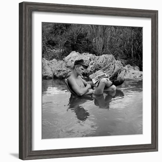 US Marine Rifleman Relaxes in a Cool Mountain Stream, Vietnam, 1968-null-Framed Photo