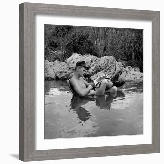 US Marine Rifleman Relaxes in a Cool Mountain Stream, Vietnam, 1968-null-Framed Photo