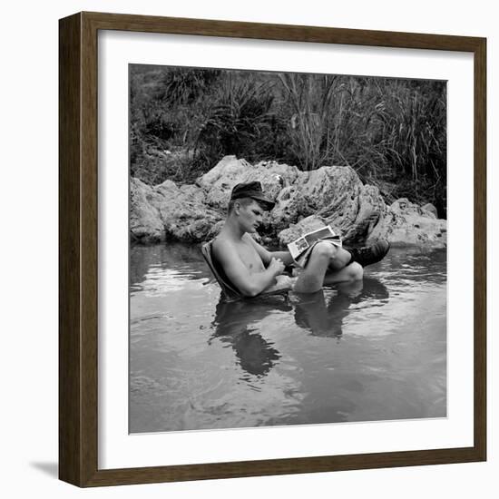 US Marine Rifleman Relaxes in a Cool Mountain Stream, Vietnam, 1968-null-Framed Photo