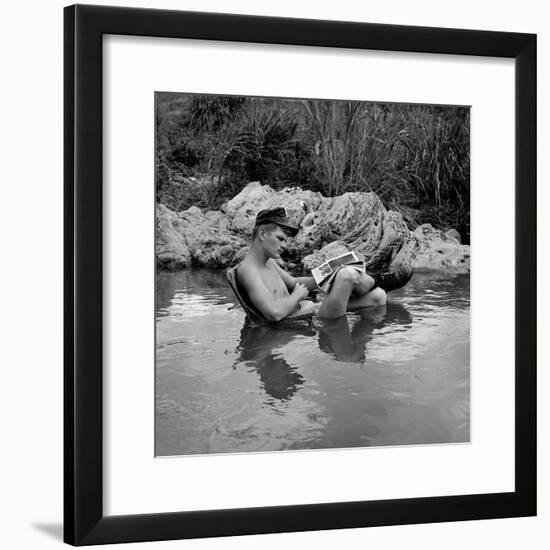 US Marine Rifleman Relaxes in a Cool Mountain Stream, Vietnam, 1968-null-Framed Photo