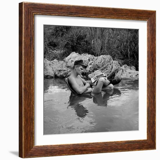 US Marine Rifleman Relaxes in a Cool Mountain Stream, Vietnam, 1968-null-Framed Photo