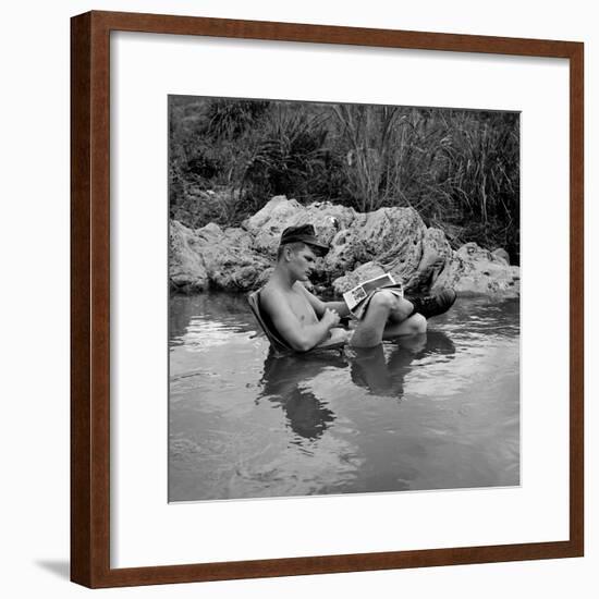 US Marine Rifleman Relaxes in a Cool Mountain Stream, Vietnam, 1968-null-Framed Photo