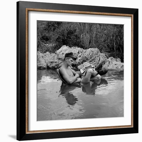 US Marine Rifleman Relaxes in a Cool Mountain Stream, Vietnam, 1968-null-Framed Photo