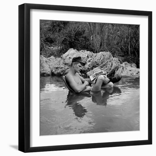 US Marine Rifleman Relaxes in a Cool Mountain Stream, Vietnam, 1968-null-Framed Photo