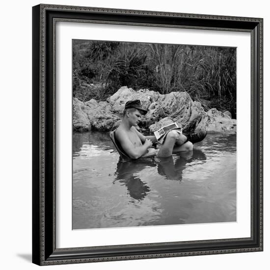 US Marine Rifleman Relaxes in a Cool Mountain Stream, Vietnam, 1968-null-Framed Photo