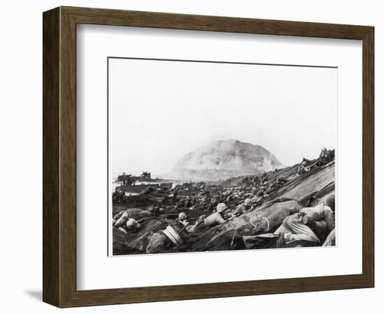 US Marines Advance Up Black Sand Beaches of Iwo Jima to Engage Japanese Troops-Louis R. Lowery-Framed Photographic Print