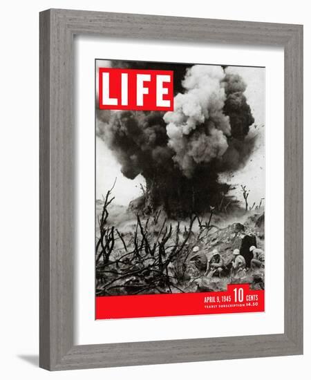 US Marines Behind Hillside Cover, Blowing up Connection to Japanese Blockhouse, WWII, April 9, 1945-W. Eugene Smith-Framed Photographic Print