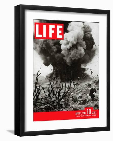 US Marines Behind Hillside Cover, Blowing up Connection to Japanese Blockhouse, WWII, April 9, 1945-W. Eugene Smith-Framed Photographic Print