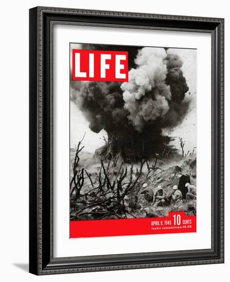 US Marines Behind Hillside Cover, Blowing up Connection to Japanese Blockhouse, WWII, April 9, 1945-W. Eugene Smith-Framed Photographic Print