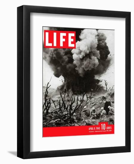 US Marines Behind Hillside Cover, Blowing up Connection to Japanese Blockhouse, WWII, April 9, 1945-W. Eugene Smith-Framed Photographic Print