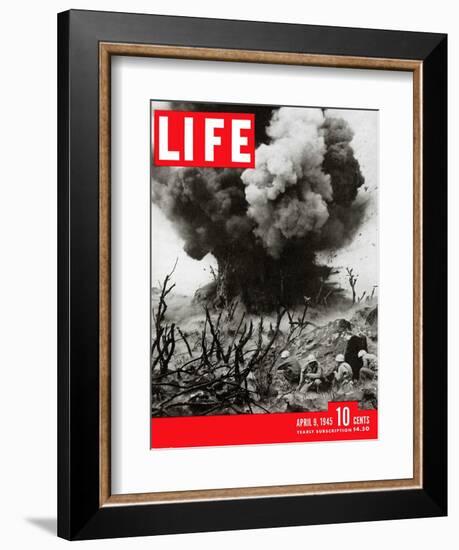 US Marines Behind Hillside Cover, Blowing up Connection to Japanese Blockhouse, WWII, April 9, 1945-W. Eugene Smith-Framed Photographic Print