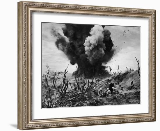 US Marines Crouching Behind Hillside Rock Cover, Blowing Up Cave Connected to Japanese Blockhouse-W^ Eugene Smith-Framed Photographic Print