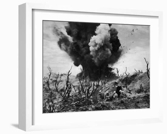 US Marines Crouching Behind Hillside Rock Cover, Blowing Up Cave Connected to Japanese Blockhouse-W^ Eugene Smith-Framed Photographic Print