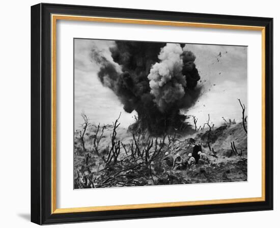 US Marines Crouching Behind Hillside Rock Cover, Blowing Up Cave Connected to Japanese Blockhouse-W^ Eugene Smith-Framed Photographic Print